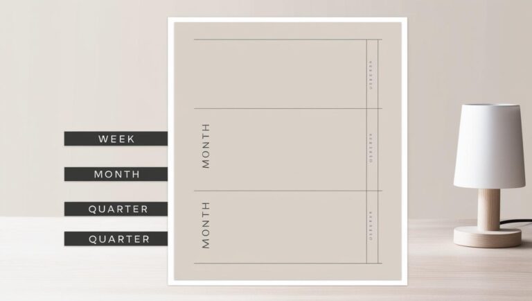Clean bullet journal or digital planner showing “week, month, quarter” written out — productivity vibe, minimalist workspace.