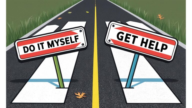 Fork in the road visual metaphor: one sign says “Do It Myself”, the other says “Get Help” — modern illustration or street sign theme.