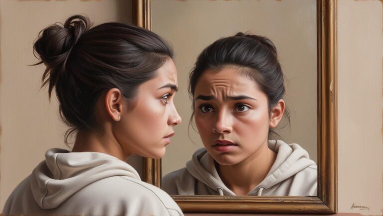 A person looking in the mirror with half-confident, half-nervous reflection — artistic, introspective mood with neutral background.