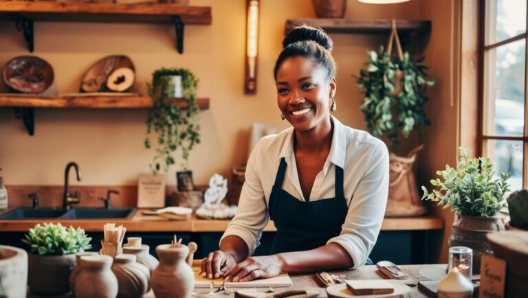 Small business owner working with pride in their shop or studio — surrounded by personal touches, authentic atmosphere.