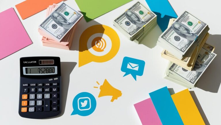 Calculator, money notes, and marketing icons (megaphone, social media, email) in flat-lay style — financial planning meets creativity.