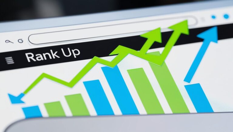 Modern browser window showing a search bar with growing arrows or charts — bright, digital-focused with a clear “rank up” metaphor.