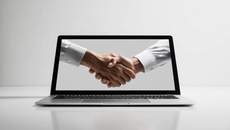 Laptop with a handshake emerging from the screen — clean background, symbolic of human-centred conversion design.