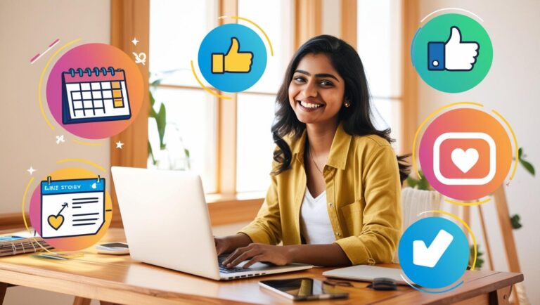 Solo entrepreneur at a laptop surrounded by content icons (calendar, post, like, story, etc.) — DIY marketing energy with confident vibe.