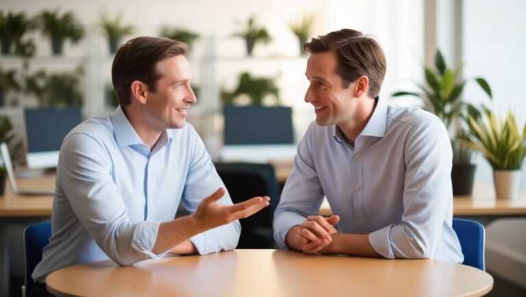 Two people having a calm, constructive conversation across a small table — body language open, workplace background slightly blurred.