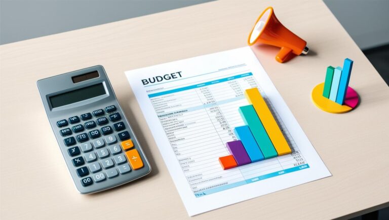 Flat-lay of a calculator, budget spreadsheet, and marketing icons like a megaphone and chart — clean desk, startup-style setting.