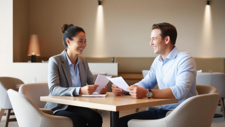 Two people having a calm, constructive conversation across a small table — body language open, workplace background slightly blurred.