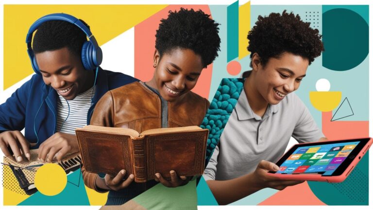Abstract collage of three learners one with headphones, one with a book, and one interacting with a touchscreen — vibrant, educational tones.