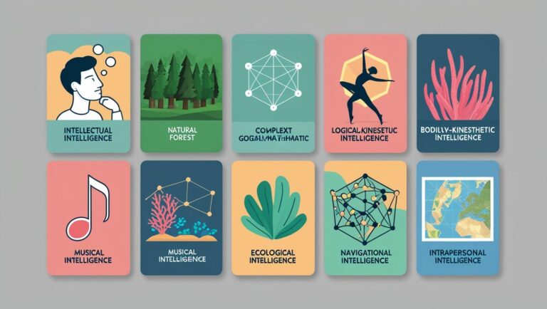 Grid of illustrated icons representing different intelligences (people, nature, logic, movement, etc.) — modern flat design style.