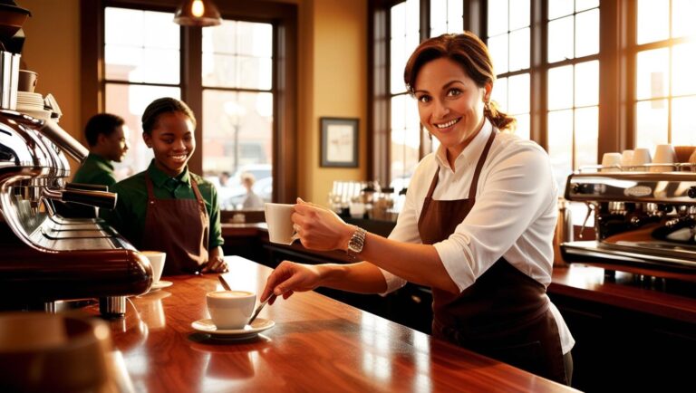 A barista teaching a junior staff member in a real-world setting — practical, real-world environment, warm tones.