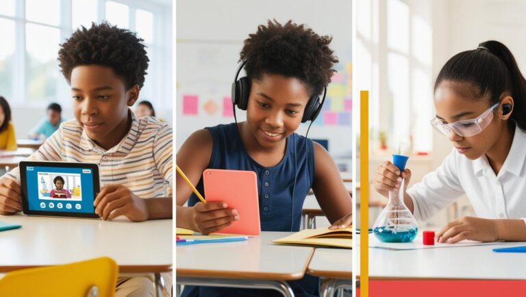 Split-screen concept: one side shows a learner watching a video, another listening with headphones, another doing hands-on work — clean lines, vivid palette.