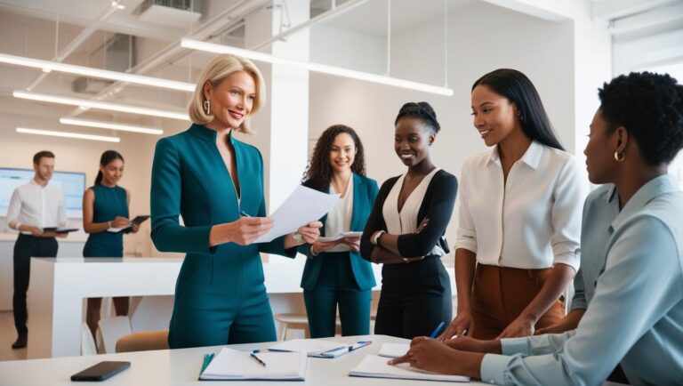 Confident team leader reviewing notes with an employee — focus on diversity, non-traditional work setting, and future-forward feel.