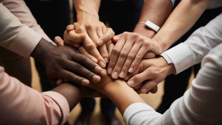 Close-up of hands in a team huddle, symbolising collaboration, communication, and empathy — natural skin tones, soft shadows.