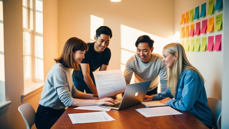 A small office scene with diverse team members collaborating over documents and a laptop, with sticky notes on the wall — warm lighting, casual setting.