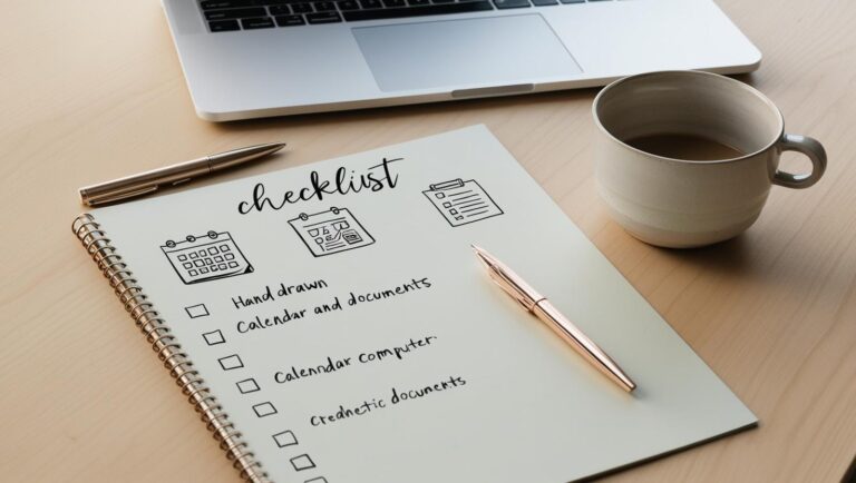 Flat-lay of a checklist, pen, laptop, and coffee cup on a neat desk — soft colours, with icons like a calendar or documents in view.