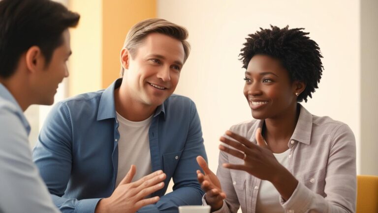 Manager and employee in casual one-on-one conversation with open body language — trust, humility, and leadership vibe.