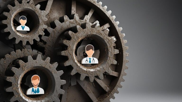 Broken gears with employee icons inside — symbolising inefficiency and unseen people problems in small businesses.