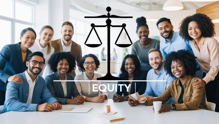 Diverse group of employees in a workplace with equity-themed overlay (balanced scale or inclusive icons) — modern and localised.