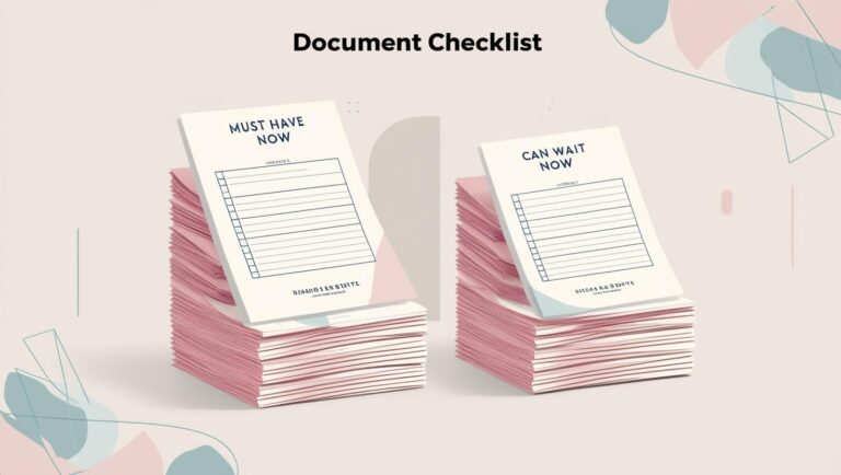 A document checklist split into “Must Have Now” vs “Can Wait” piles — symbolic and practical with light branding elements.