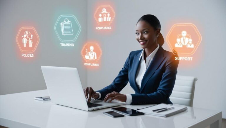 One confident professional multitasking at their desk — HR icons floating around them (policies, training, compliance, support).