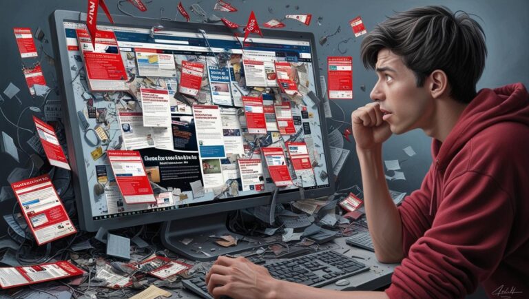 Confused user looking at a messy, overloaded website screen — browser window with popups, broken layout, and red flags.