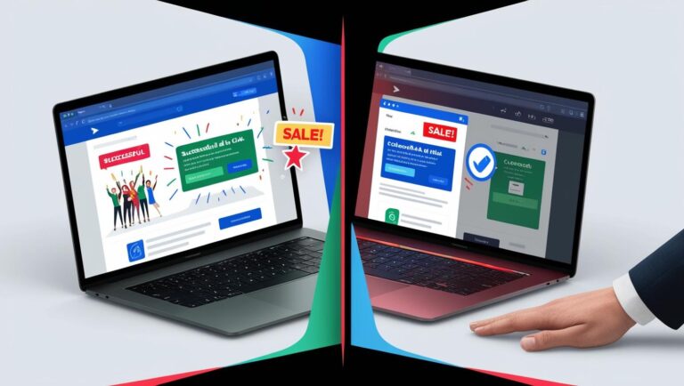 Split-screen: one half shows a laptop with a successful ad click and a sale; the other half shows an ad being ignored — high contrast, tech vibe.
