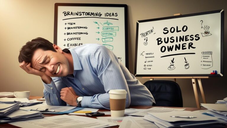 Solo business owner slumped over desk with a “Post Ideas” whiteboard in the background — humorous yet relatable vibe.