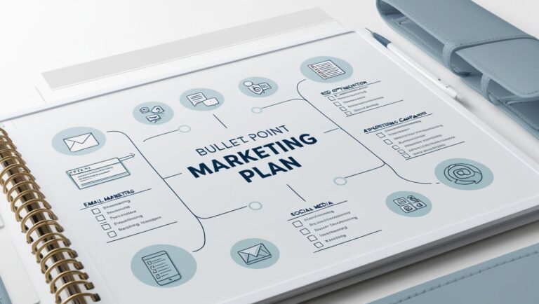 Bullet-point marketing plan on a whiteboard or digital planner, surrounded by icons (email, SEO, ads, social) — minimalist design with clear flow.