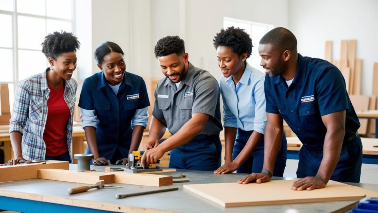 Workplace scene showing informal training — team member explaining a task on the job — realistic, hands-on learning.