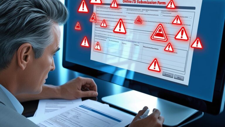Red warning icons on a computer screen with a submission form — stressed business owner reviewing paperwork.