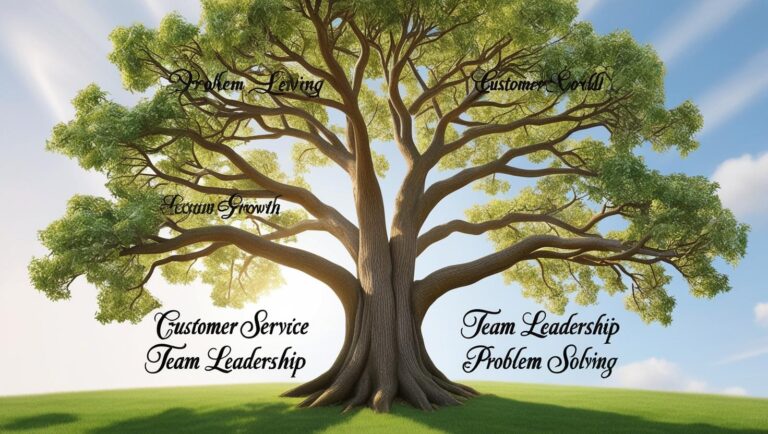 Tree with labelled branches: “customer service,” “team leadership,” “problem solving” — symbolising growth through real skills.