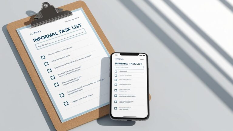 Clipboard and mobile phone showing checklists with ticked informal tasks — neat, streamlined interface look.