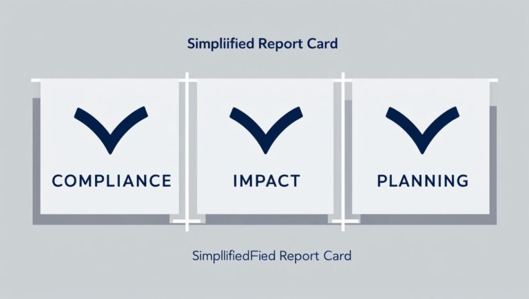 Simplified report card or dashboard with “✓ Compliance,” “✓ Impact,” “✓ Planning” — clean, professional style.
