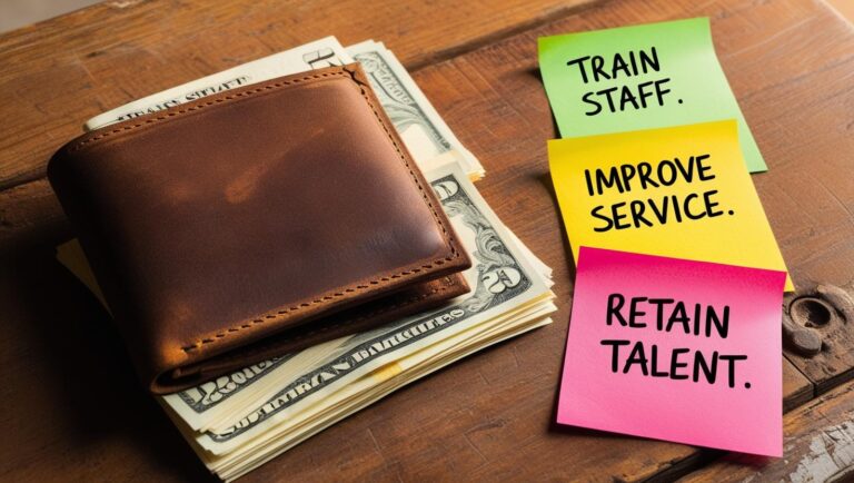 Wallet with a few notes beside sticky notes that say “Train Staff,” “Improve Service,” and “Retain Talent” — cost-conscious but determined.