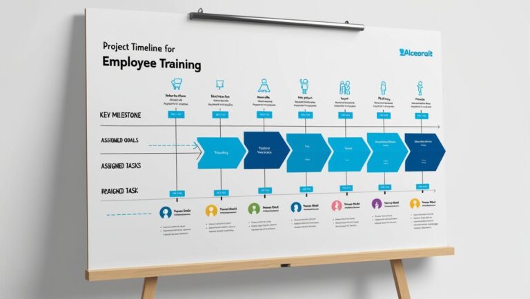 Whiteboard with a training timeline, goals, and tasks — labelled with employee names or small team personas.