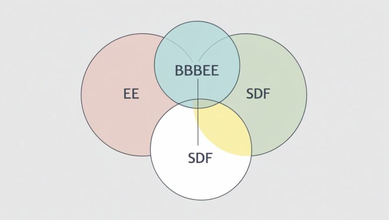 Venn diagram or layered graphic with EE, BBBEE, and SDF as overlapping circles — one area highlighted with clarity.