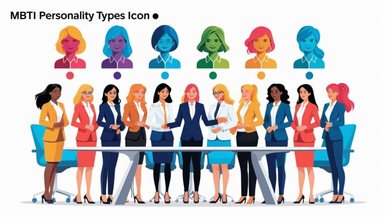 A vibrant, diverse corporate team interacting around a table with colored MBTI-type icons above their heads, clean modern vector style, space at top for headline.