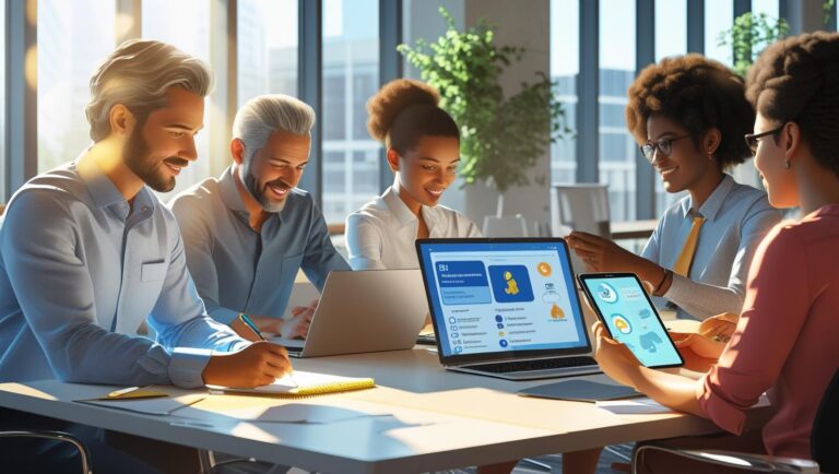 Office setting showing 4 employees of different age groups learning on different platforms—paper notes, eLearning, mobile app, group workshop—realistic with bright natural lighting.
