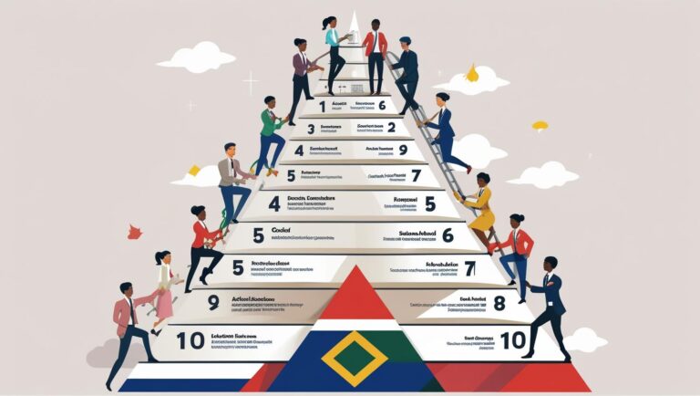 A step-ladder or pyramid graphic labeled NQF 1 to 10, with figures climbing it, representing different skills levels and careers, educational style infographic with a South African flag motif.