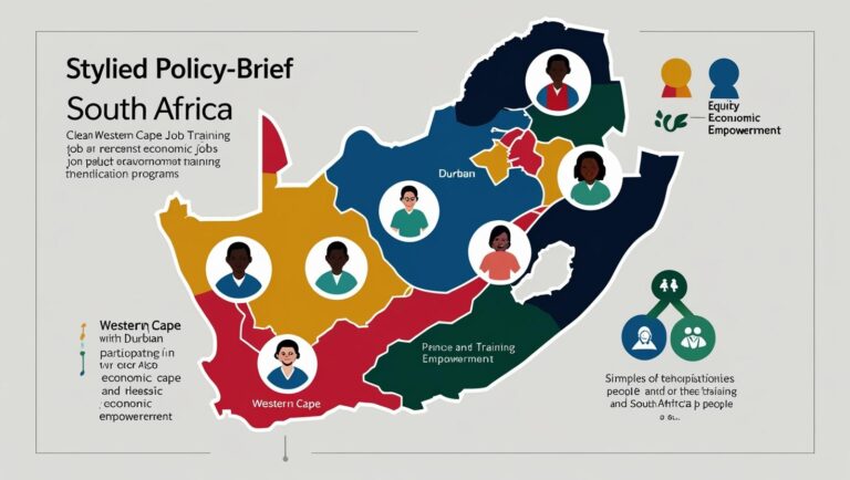 A map of South Africa highlighting the Western Cape and Durban, with icon overlays for diverse people, job training, and equity symbols, clean policy-brief style.