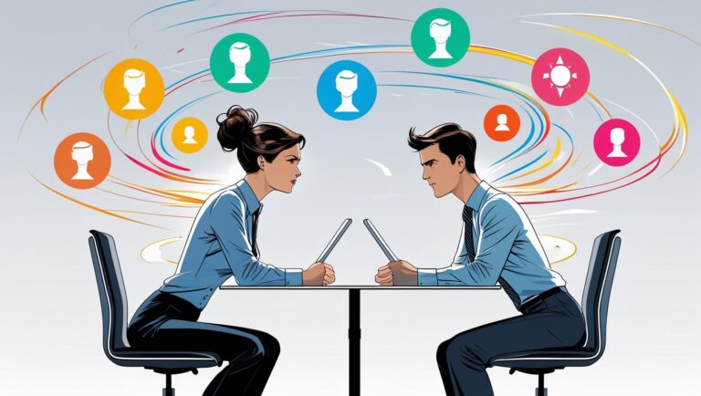 Two colleagues sitting across from each other at a desk, with visible tension, surrounded by floating MBTI personality type icons, clean and modern business illustration style.