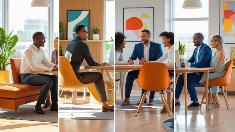 Four managers, each interacting with team members in different leadership styles (directive, participative, supportive, analytical), modern office setting with warm tones.
