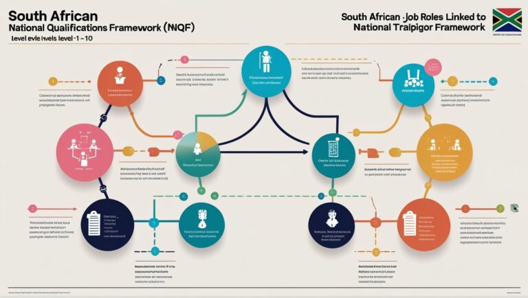 A stylised flowchart showing job roles connected to education levels (NQF 1–10), with icons for career steps, training, and assessments, infographic layout with South African elements.