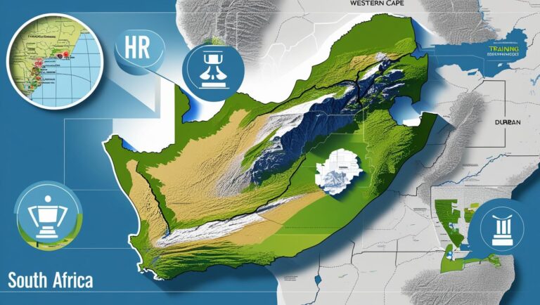 Map of South Africa with magnified Western Cape and Durban zones, overlaid with HR icons (recruitment, training, equity scales), corporate policy design style.