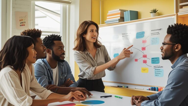 A team of 4-6 people in a modern small office, whiteboard planning session, team leader facilitating, inclusive and diverse group, flat design or semi-realistic style.