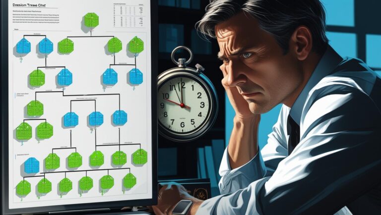 Split scene showing manager under pressure with decision tree chart, timer countdown, thoughtful expression, focus on control under stress.