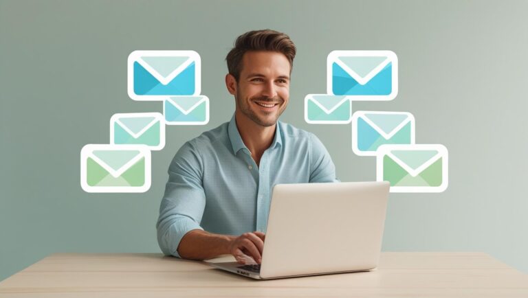 A small business owner at a laptop sending emails, with icons of envelopes turning into heart/customer icons, clean flat design, room for text overlay.