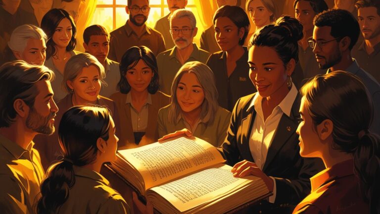 A dynamic scene: a small business owner telling a story with an open book, audience reading/listening, warm glowing colors, space for headline.
