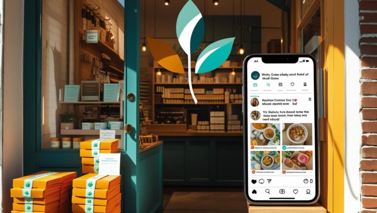 A small brick-and-mortar shopfront with brand elements (logo, colour, packaging), alongside a phone showing social media posts—helpful, colorful, approachable style.