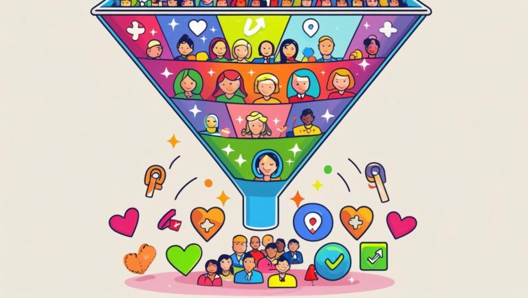 An illustrated funnel filled with icons (leads entering) flowing down to repeat customers icons at the base; loyalty symbols like hearts and checkmarks included.